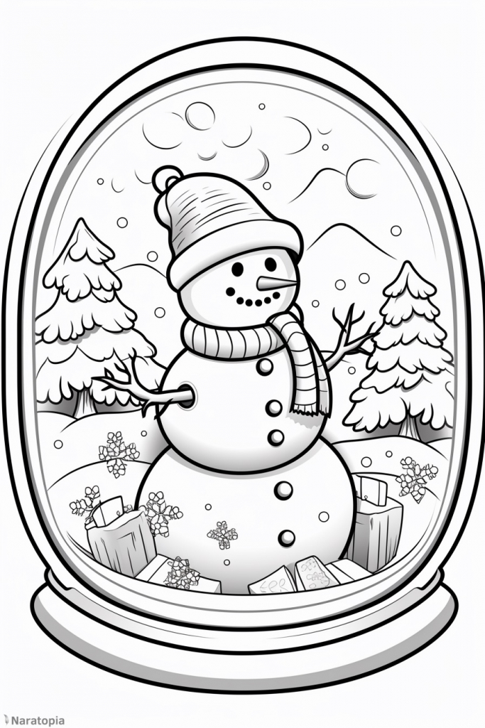 Coloring page of a snowman in a snowglobe.