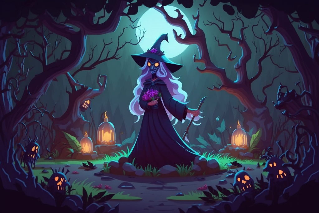 Scary witch in a dark forest.