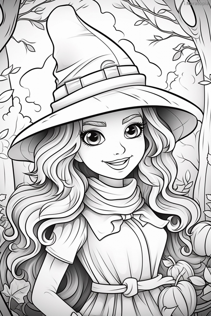 Coloring page of a girl in Halloween witch costume.