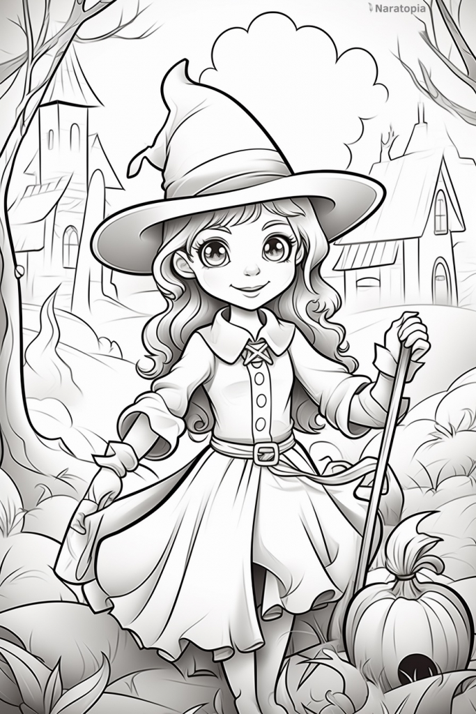 Coloring page of a cute girl in witch costume on Halloween.
