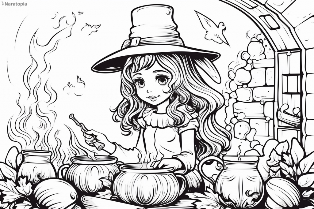 Coloring page of a cute cartoon witch mixing potions.
