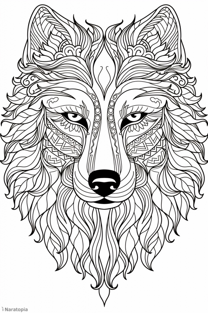 Coloring page of a wolf with ornaments.