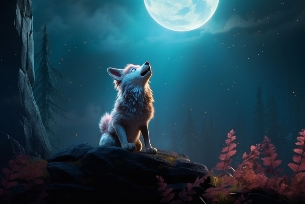 A cartoon wolf howling at the moon, depicted in a dark picture.