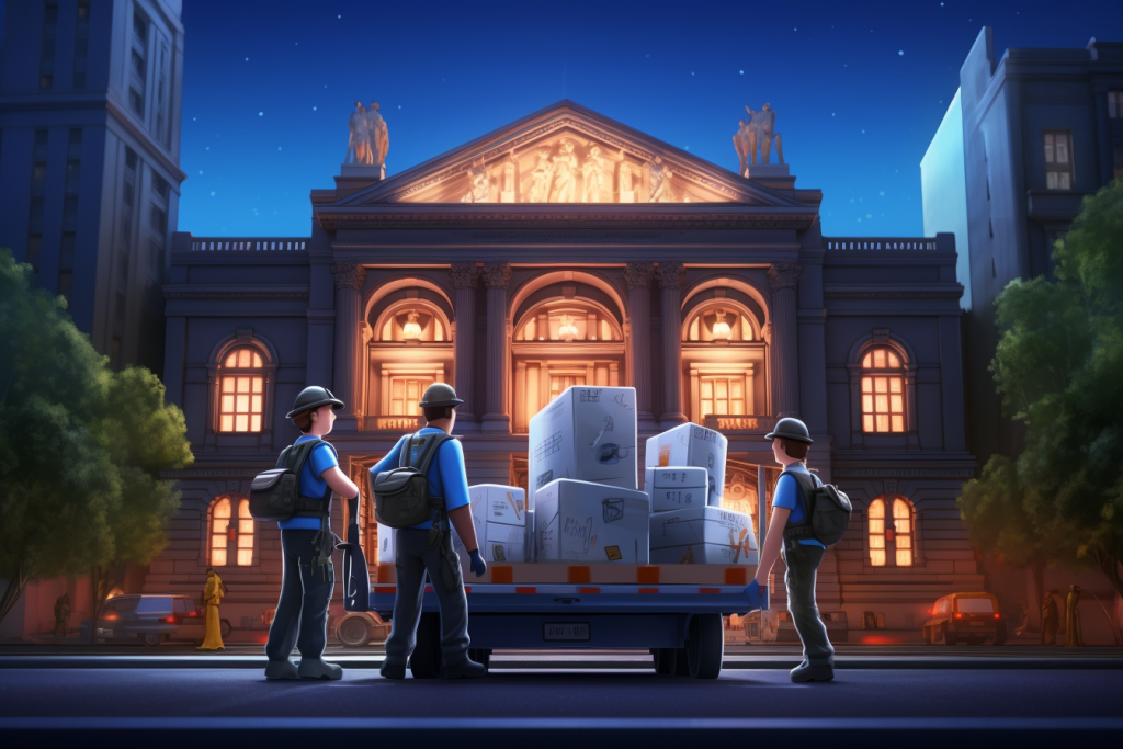 Three cartoon workers pulling boxes, standing in front of a museum in New York at night.