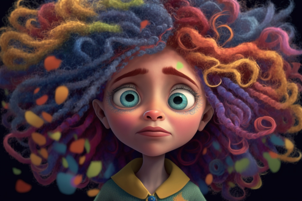 A beautiful girl with rainbow colored afro hair with a worried expression.