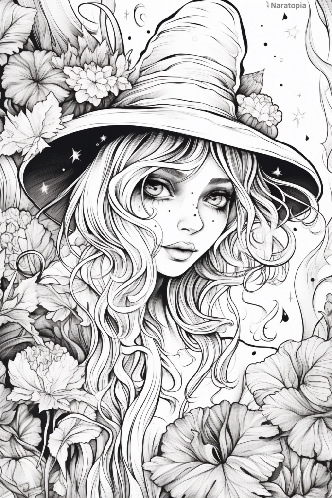 Coloring page of a young witch covered in flowers.