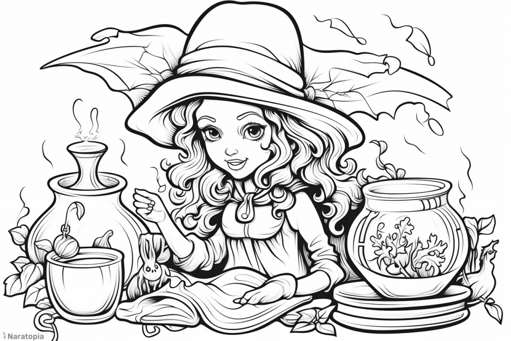 Coloring page of a young witch mixing potions.