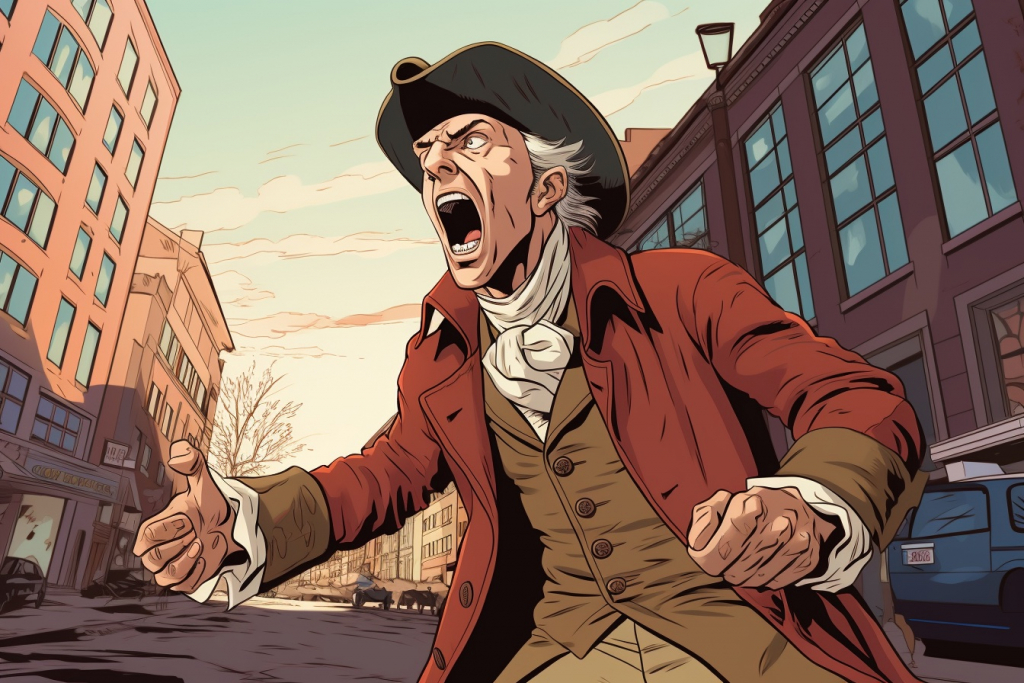 Angry aristocratic lord shouting in the streets of Boston in 1773.