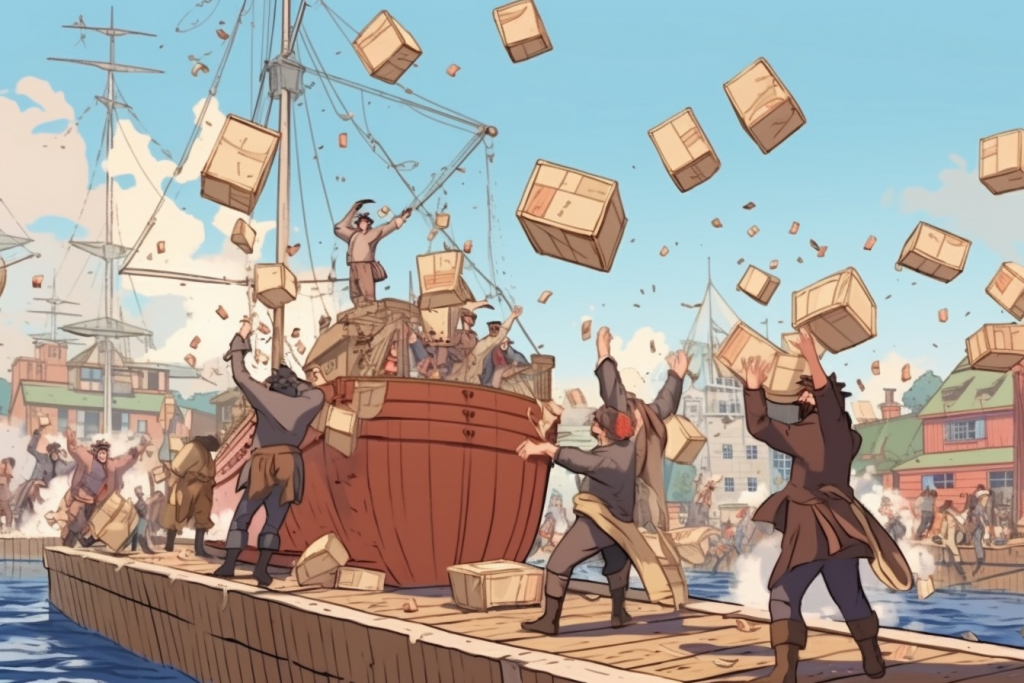 People throwing tea crates during the Boston Tea Party in 1773.