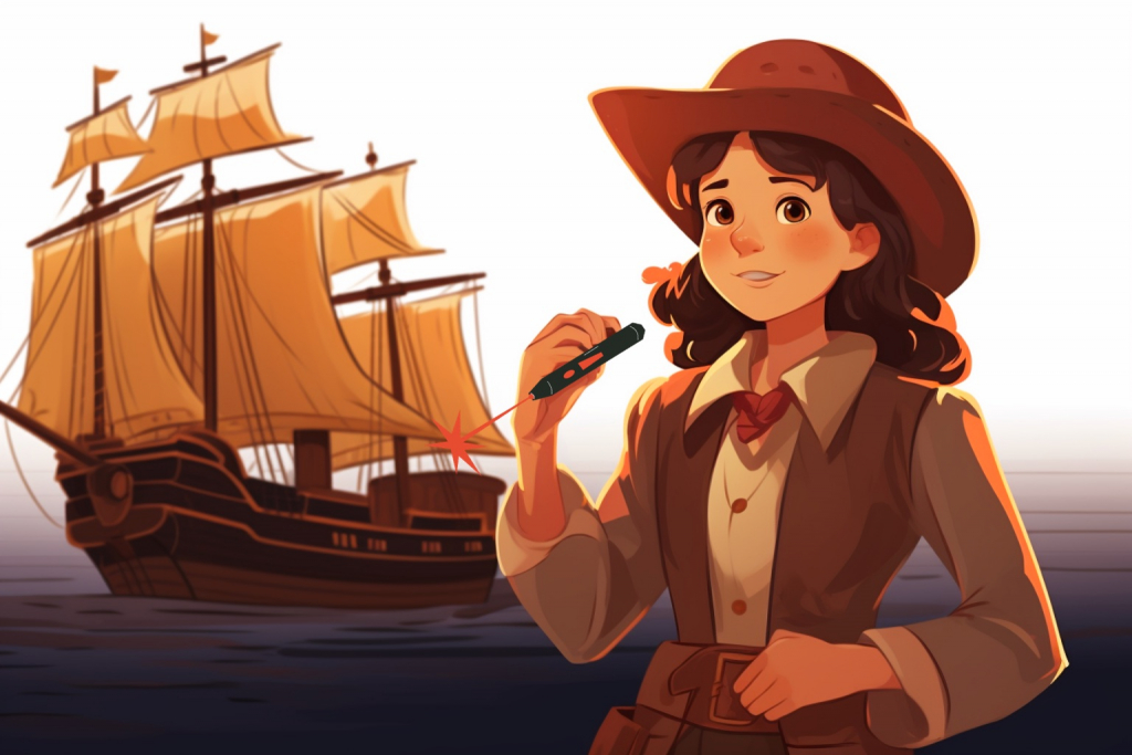 Young girl Elizabeth in colonial clothes aiming a laser toy on a ship.