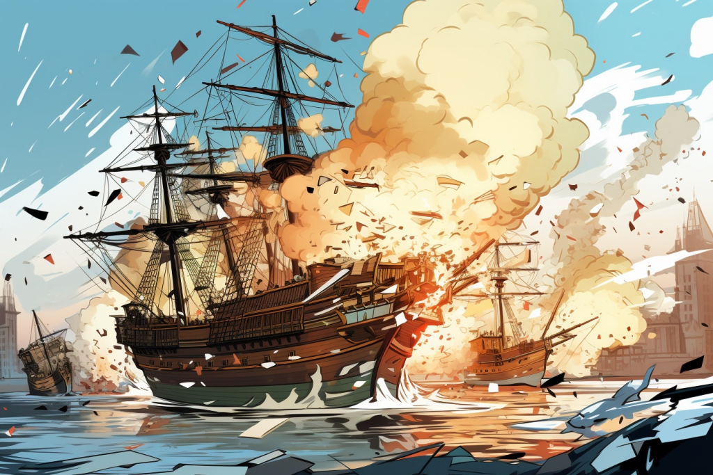 Exploding ship in harbor.