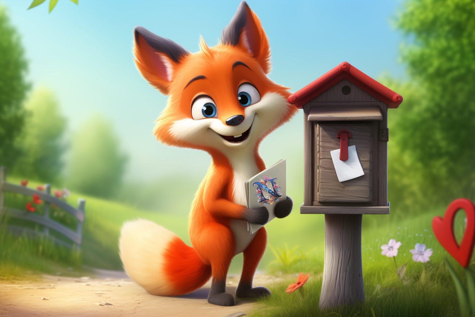 Happy cute cartoon fox close to a mailbox.