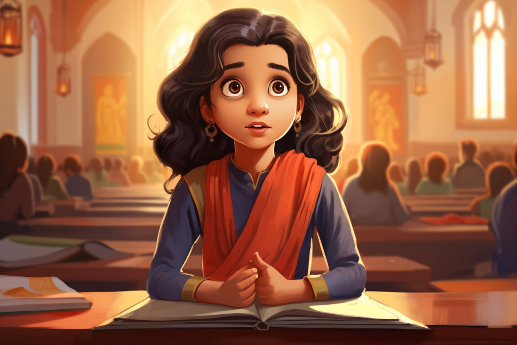 Hindu girl Aanya in a classroom.
