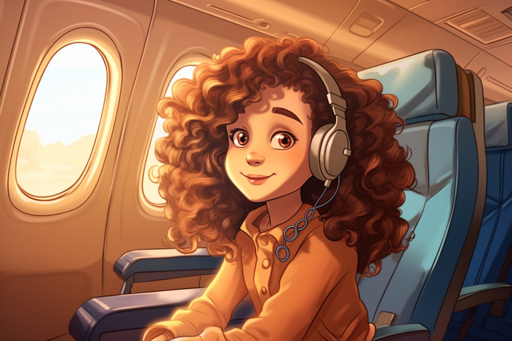 Jewish girl Leila sitting on an airplane.