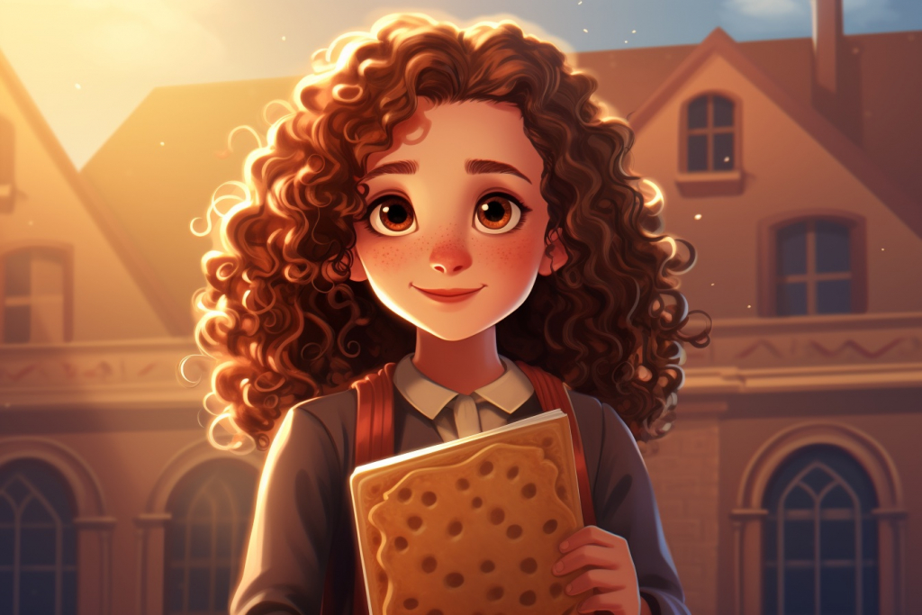 Happy Jewish girl Leila in school holding a matzoh cracker.