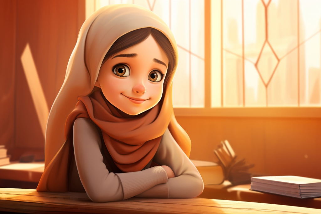 Muslim girl Sarah sitting in a classroom.