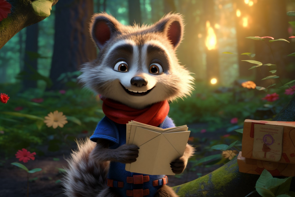 Racoon as a postman with a letter in a forest.