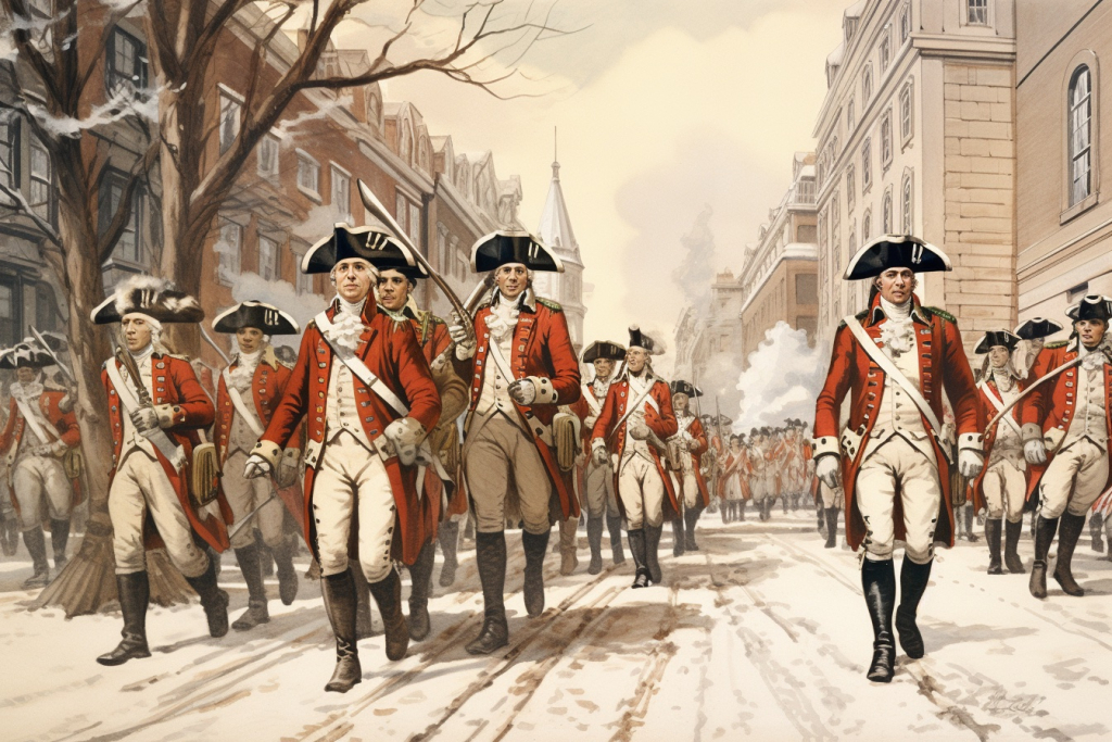 Scary Redcoats walking in the December streets of Boston in 1773.