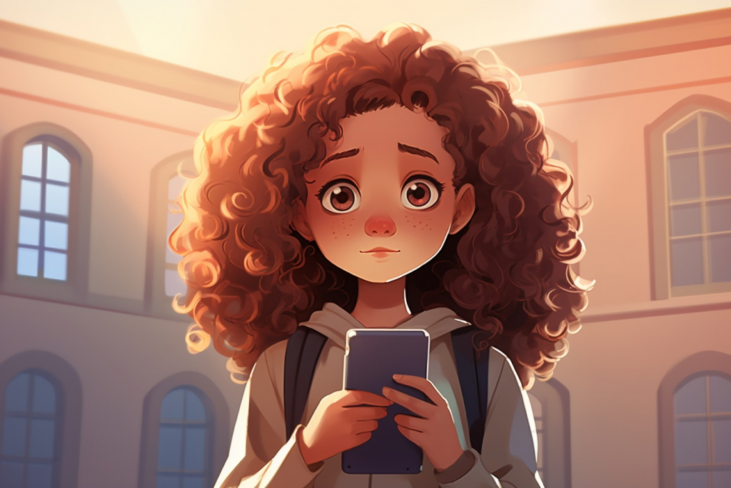 Sad curly haired girl Leila holding a mobile phone.