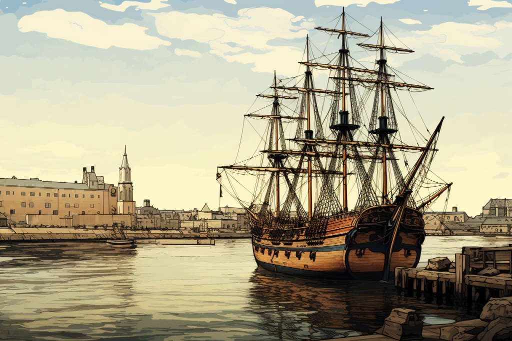 A big wooden ship in Boston's harbor in 1773.