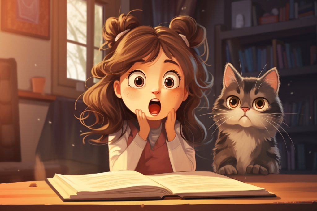 Surprised young girl Elizabeth reading a book with her cat.