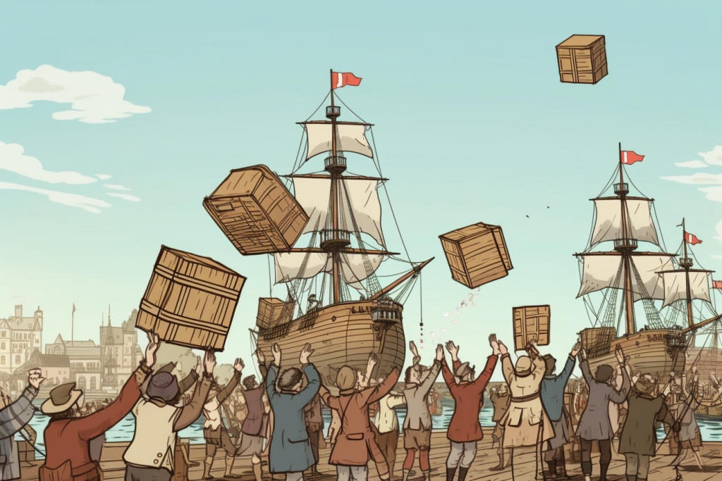 People throwing tea crates into the sea during the Boston Tea Party.