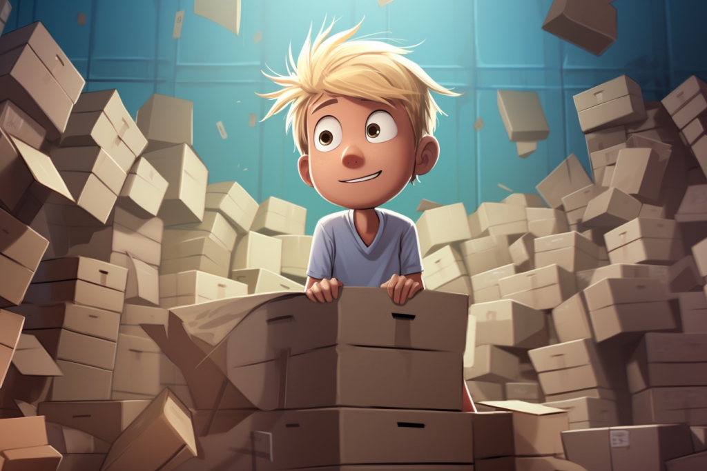 Young blonde boy Tom fallen on empty boxes.