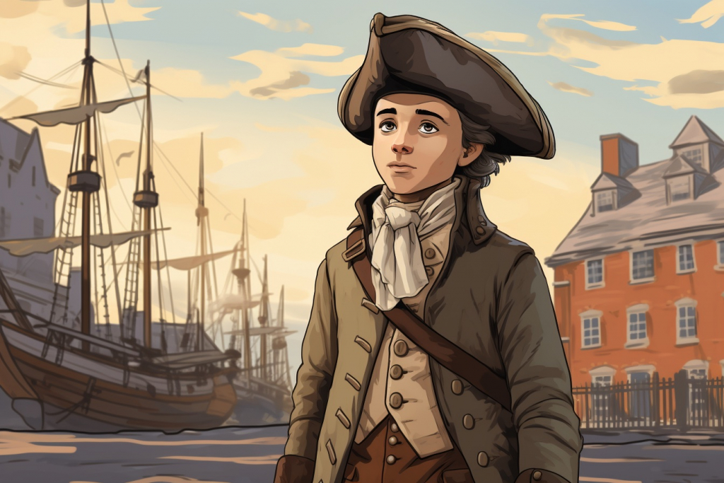 Young boy Tom dressed in breeches and a hat in Boston's harbor in 1773.