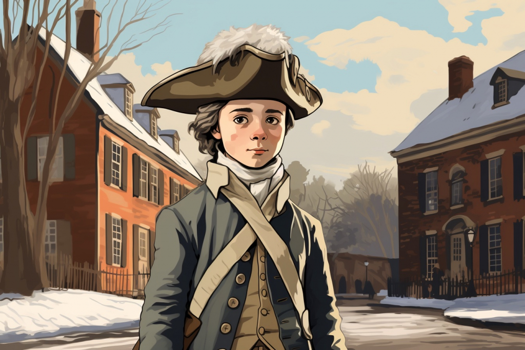 Young boy Tom dressed in breeches and a hat in Boston's street in 1773.