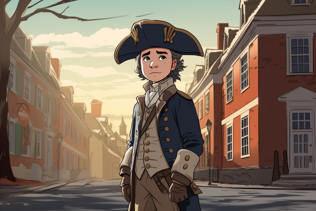 Young boy Tom dressed in breeches and a hat in Boston's street in 1773.