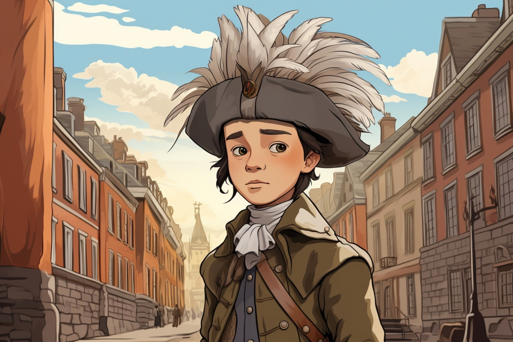 Young boy Tom dressed in breeches and a hat in Boston's street in 1773.