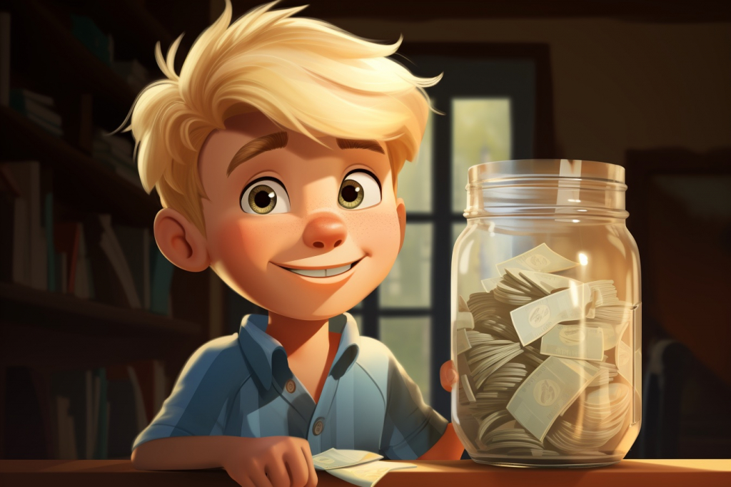 Young blonde boy Tom with a jar full of money.