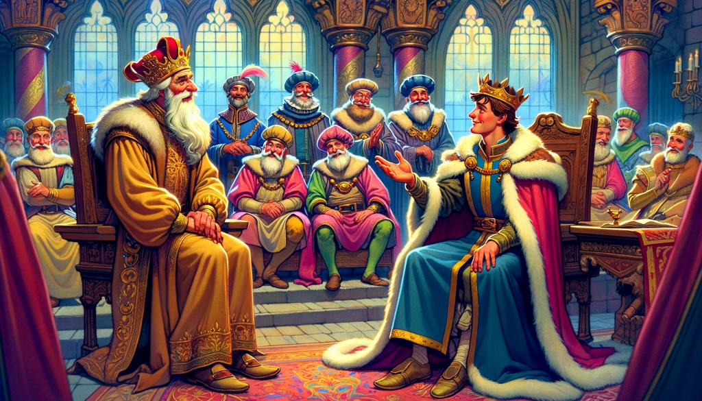 Man sitting beside the king in a grand council room.