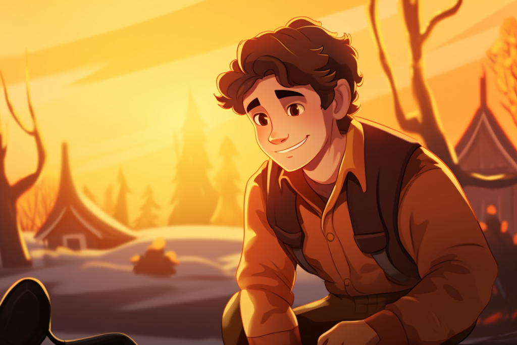Young man with brown hair Benjamin digging in snowy soil during sunset.