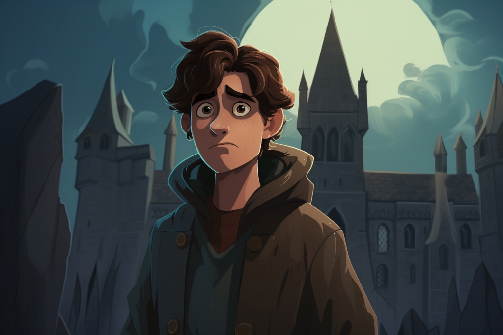 Young worried man with brown hair Benjamin in front of a castle on a gloomy day.