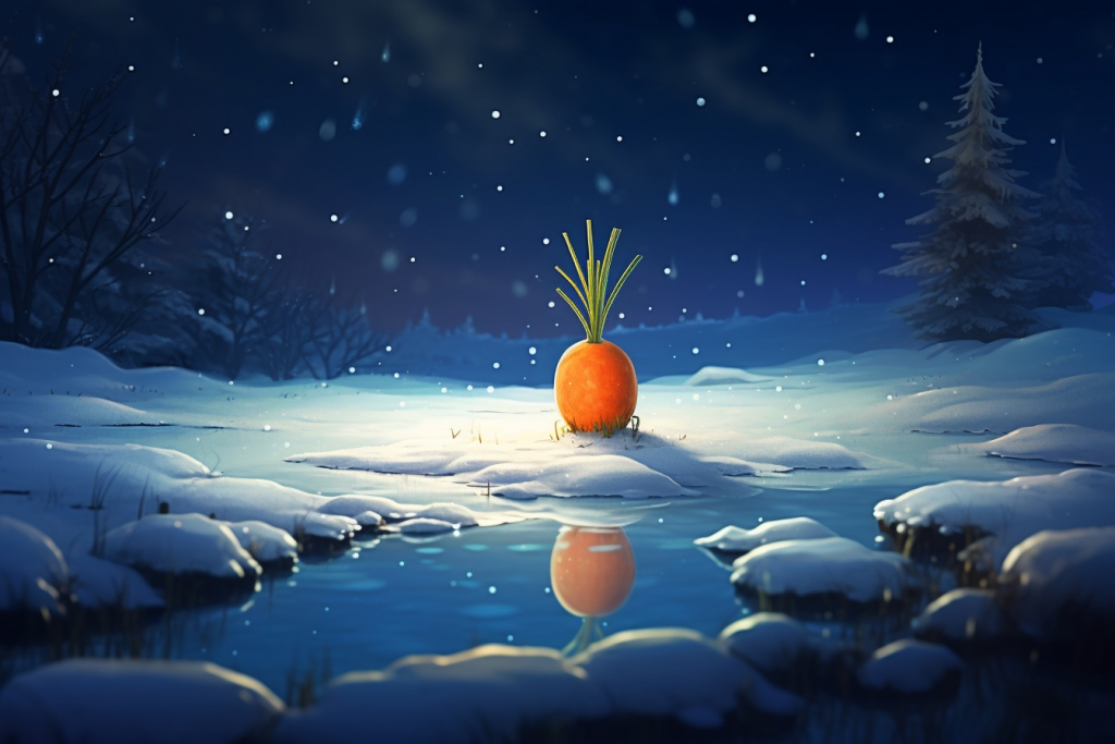 Carrot on top of snow and a puddle of water.