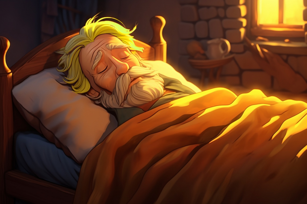 Sleeping old Christmas Spirit with golden hair.
