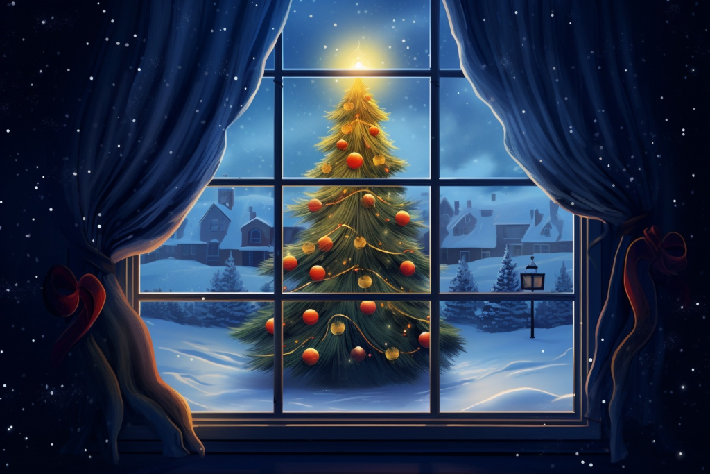 Christmas tree visible through the window.