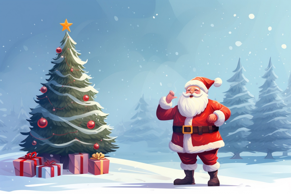 Santa Claus standing next to a Christmas tree with presents.
