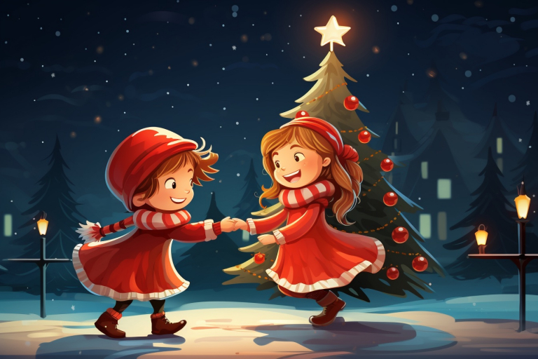 Two happy children dancing next to a Christmas tree.