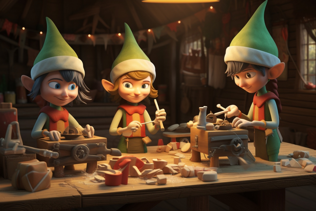 Elves making Christmas toys.