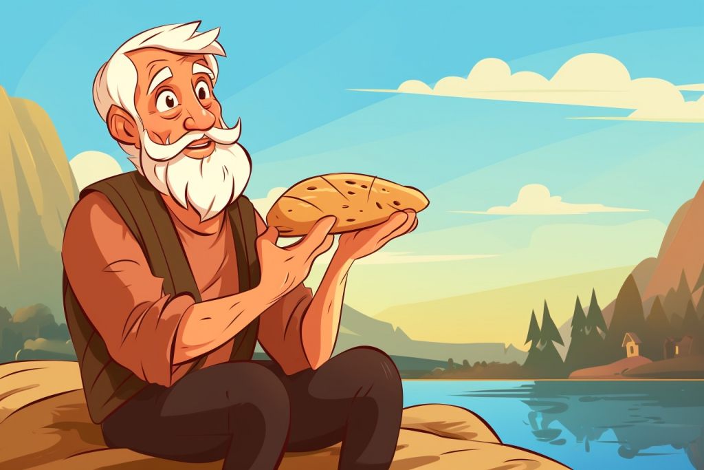 Old fisherman holding a loaf of bread sitting by a lake.