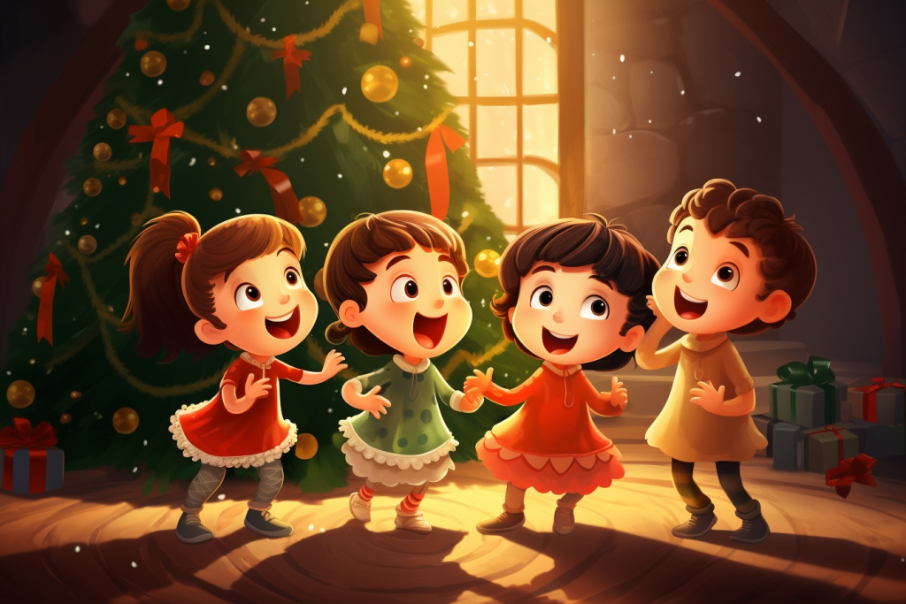 Happy children dancing next to a Christmas tree.