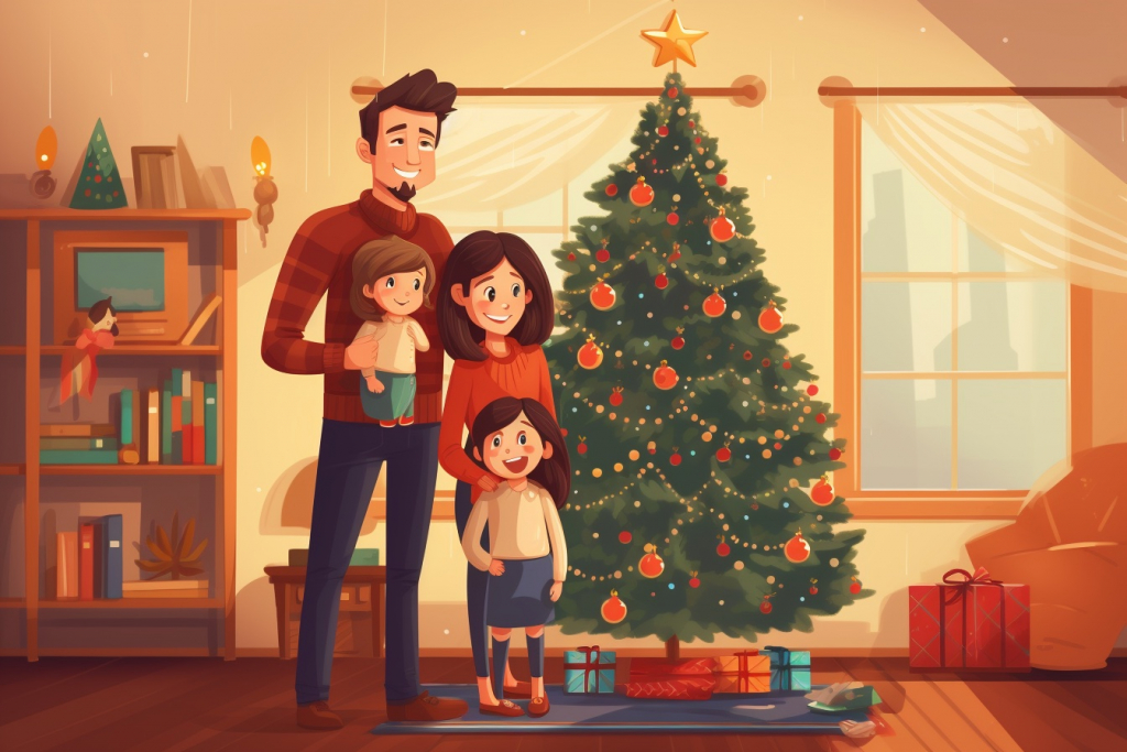 Happy family of four standing next to a Christmas tree.