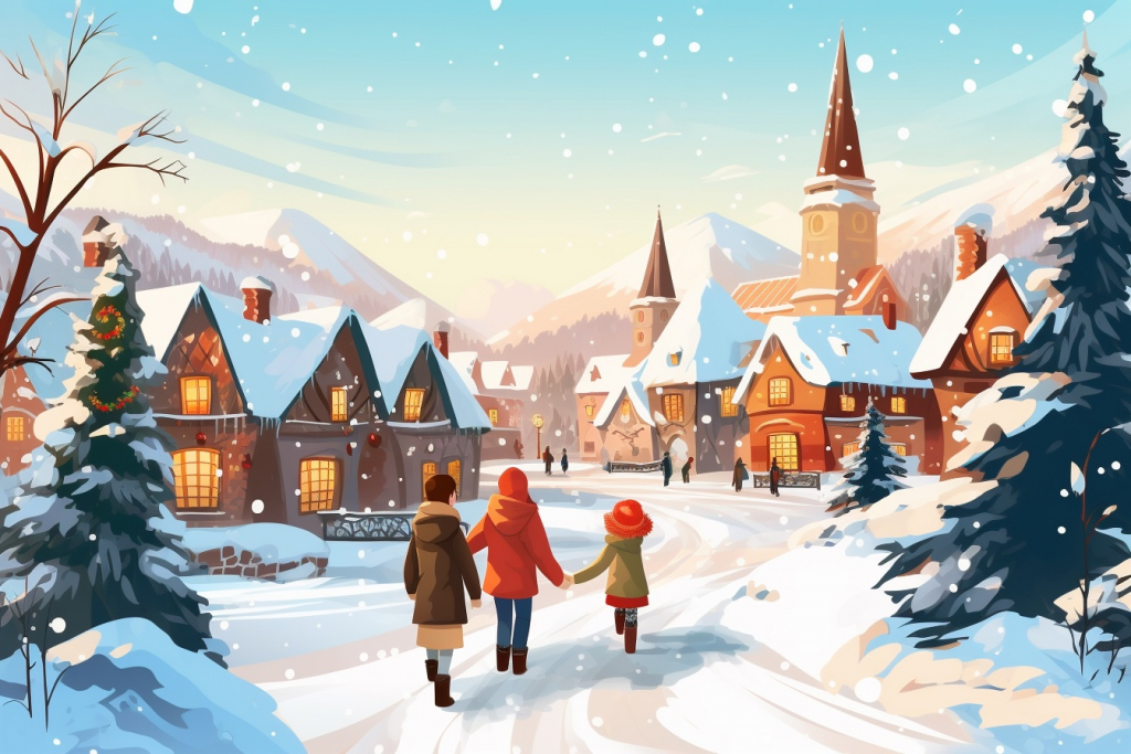 Happy people walking in a winter kingdom.