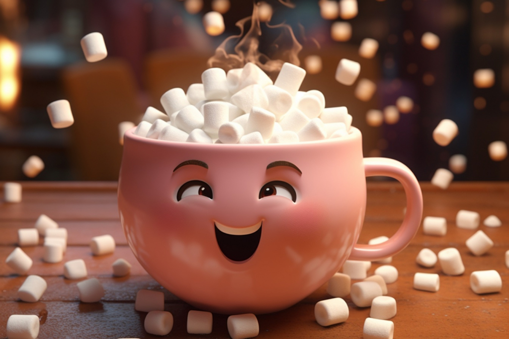 Hot cocoa with marshmallows in a cute pink mug.