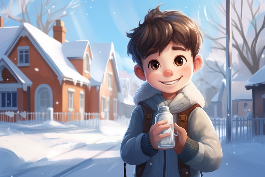Brown haired boy Jacob holding a water bottle in front of his school.