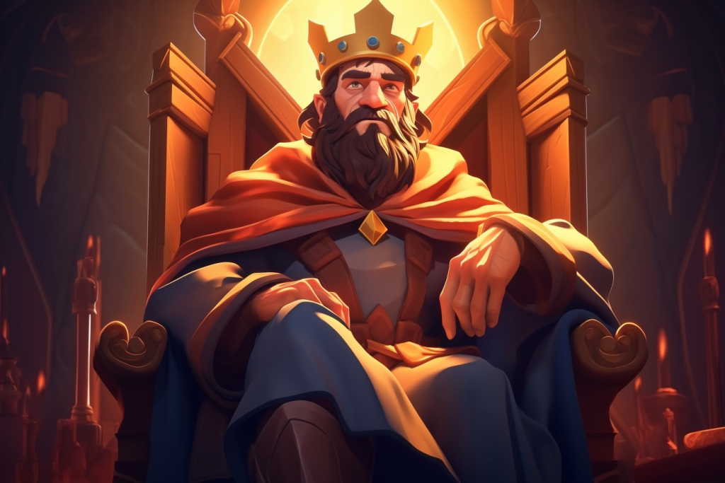 Strict king Aldrich sitting on his throne.