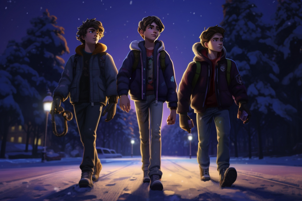 Three mean teenage boys walking on a street during a evening.