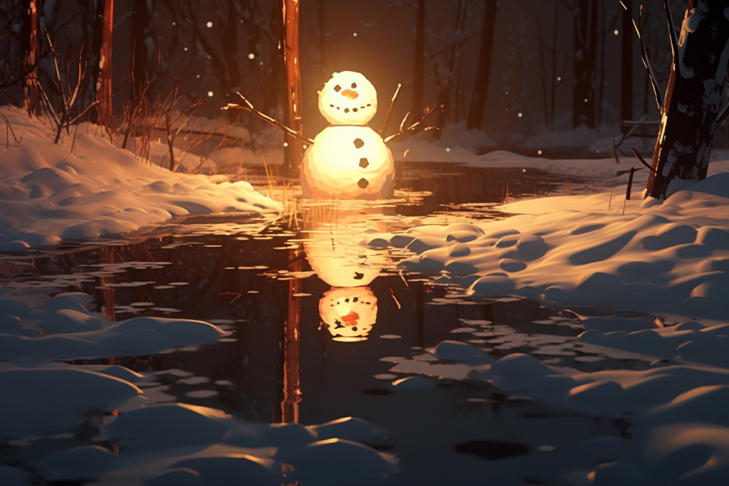 Light shining on a melting snowman in a park.